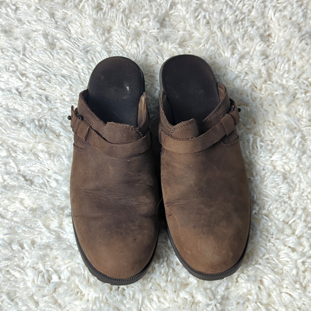 Teva Delavina Brown Waterproof Leather Spider Rubber Slip On Clog Size 7.5